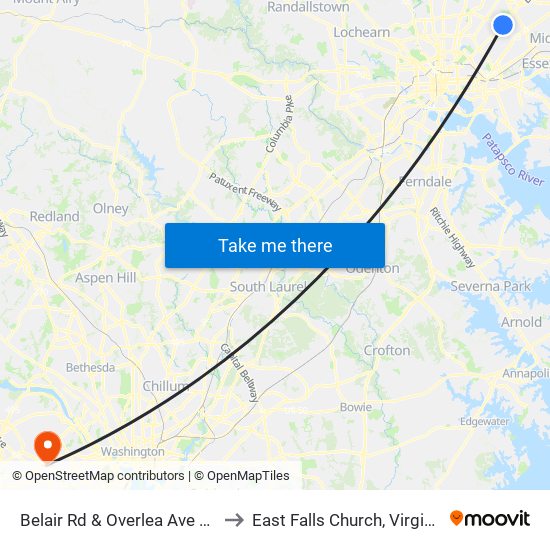 Belair Rd & Overlea Ave Nb to East Falls Church, Virginia map