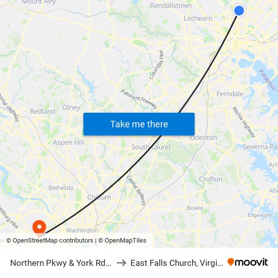 Northern Pkwy & York Rd Eb to East Falls Church, Virginia map