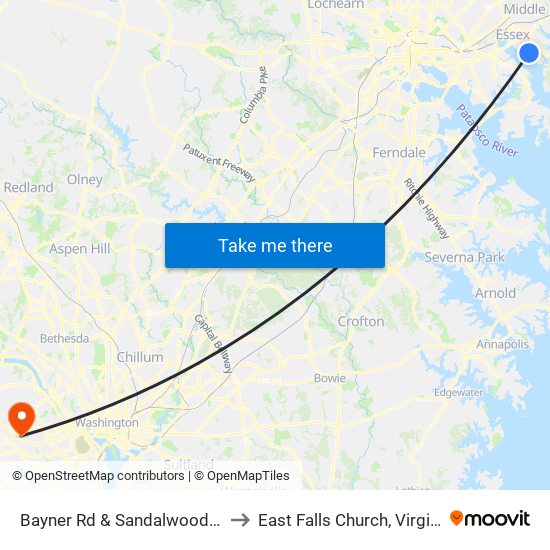 Bayner Rd & Sandalwood Rd to East Falls Church, Virginia map