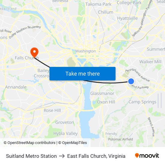 Suitland Metro Station to East Falls Church, Virginia map