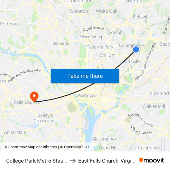 College Park Metro Station to East Falls Church, Virginia map