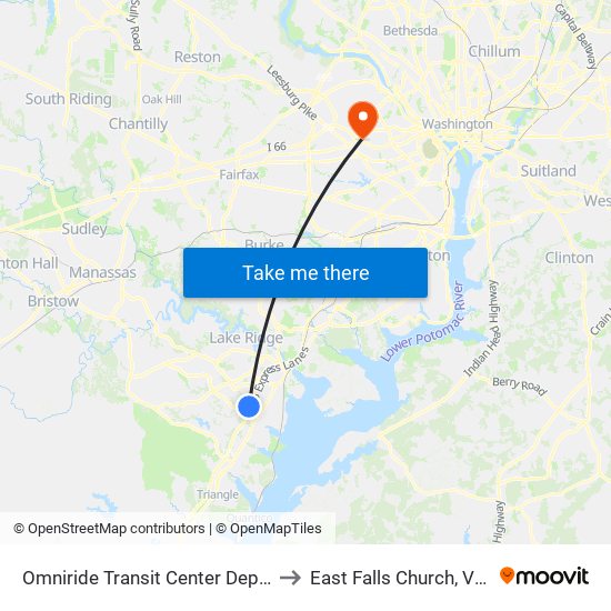 Omniride Transit Center Departures to East Falls Church, Virginia map