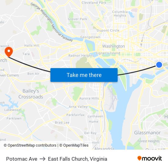 Potomac Ave to East Falls Church, Virginia map