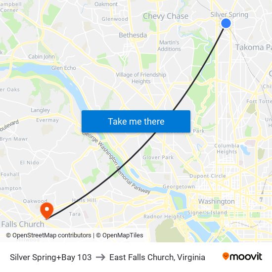 Silver Spring+Bay 103 to East Falls Church, Virginia map