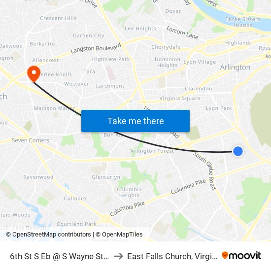 6th St S Eb @ S Wayne St FS to East Falls Church, Virginia map