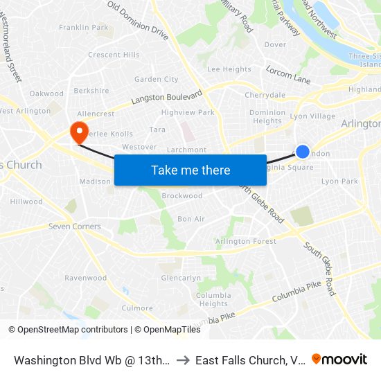 Washington Blvd Wb @ 13th St N Ns to East Falls Church, Virginia map