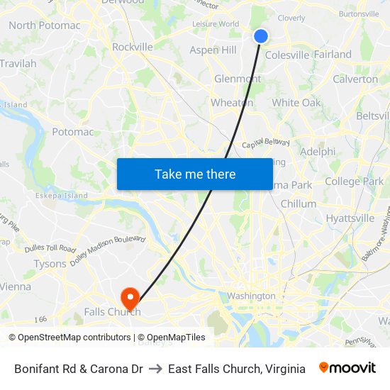 Bonifant Rd & Carona Dr to East Falls Church, Virginia map