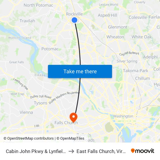 Cabin John Pkwy & Lynfield Dr to East Falls Church, Virginia map