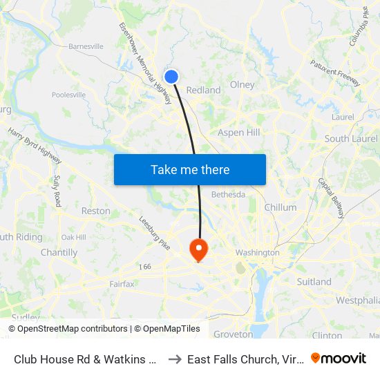 Club House Rd & Watkins Mill Rd to East Falls Church, Virginia map