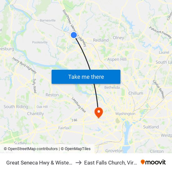 Great Seneca Hwy & Wisteria Dr to East Falls Church, Virginia map