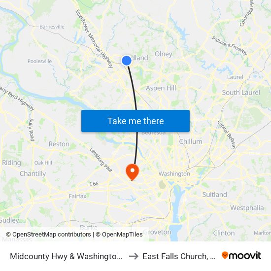 Midcounty Hwy & Washington Grove Ln to East Falls Church, Virginia map