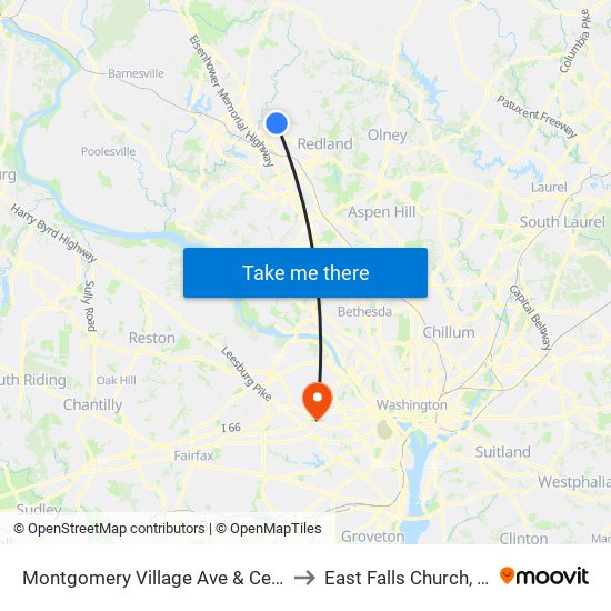 Montgomery Village Ave & Centerway Rd to East Falls Church, Virginia map