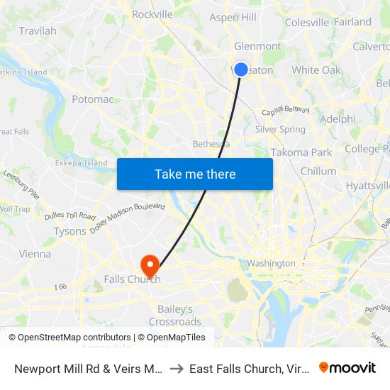 Newport Mill Rd & Veirs Mill Rd to East Falls Church, Virginia map