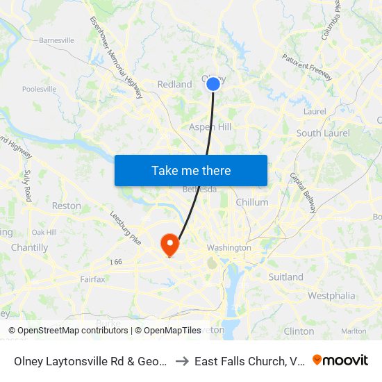 Olney Laytonsville Rd & Georgia Ave to East Falls Church, Virginia map