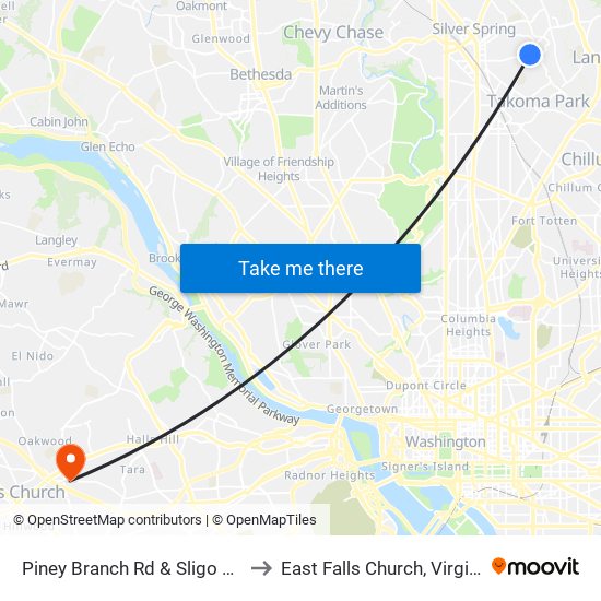 Piney Branch Rd & Sligo Ave to East Falls Church, Virginia map