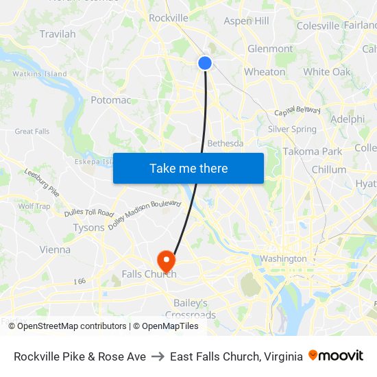 Rockville Pike & Rose Ave to East Falls Church, Virginia map