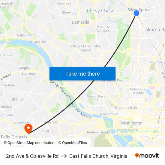 2nd Ave & Colesville Rd to East Falls Church, Virginia map