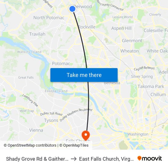 Shady Grove Rd & Gaither Rd to East Falls Church, Virginia map