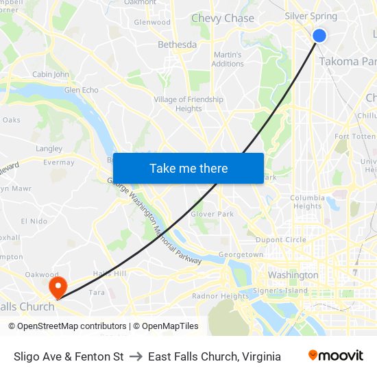 Sligo Ave & Fenton St to East Falls Church, Virginia map