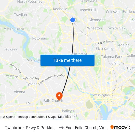 Twinbrook Pkwy & Parklawn Dr to East Falls Church, Virginia map