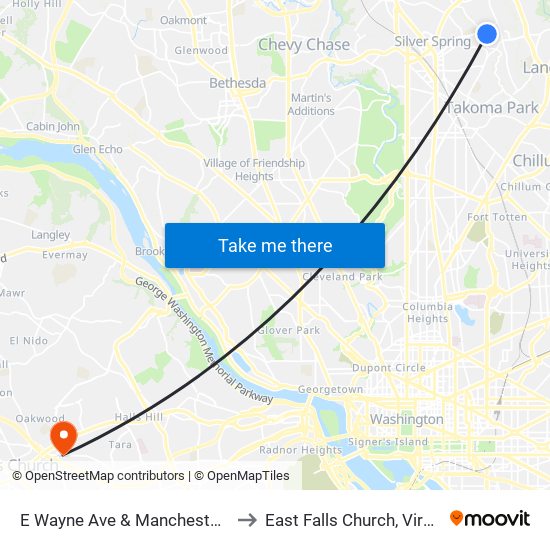 E Wayne Ave & Manchester Rd to East Falls Church, Virginia map