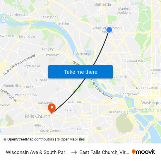 Wisconsin Ave & South Park Ave to East Falls Church, Virginia map