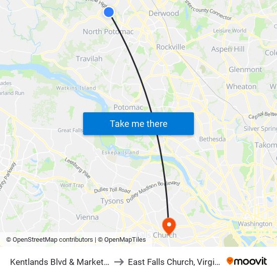 Kentlands Blvd & Market St to East Falls Church, Virginia map