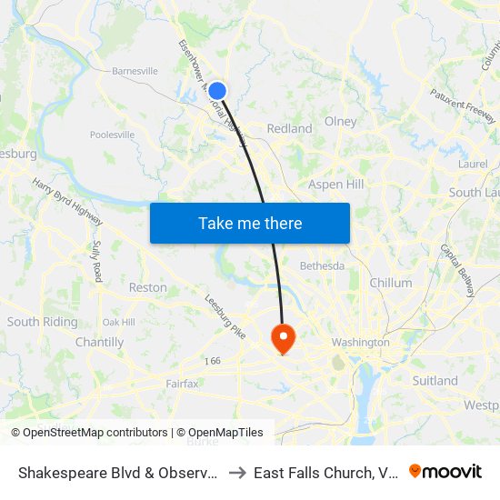 Shakespeare Blvd & Observation Dr to East Falls Church, Virginia map