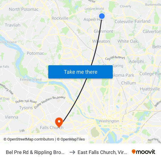 Bel Pre Rd & Rippling Brook Dr to East Falls Church, Virginia map