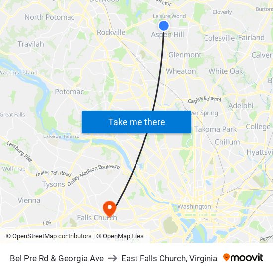 Bel Pre Rd & Georgia Ave to East Falls Church, Virginia map