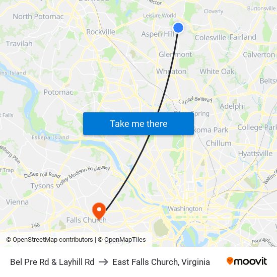 Bel Pre Rd & Layhill Rd to East Falls Church, Virginia map