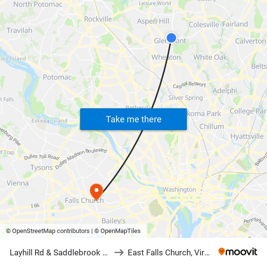 Layhill Rd & Saddlebrook Park to East Falls Church, Virginia map
