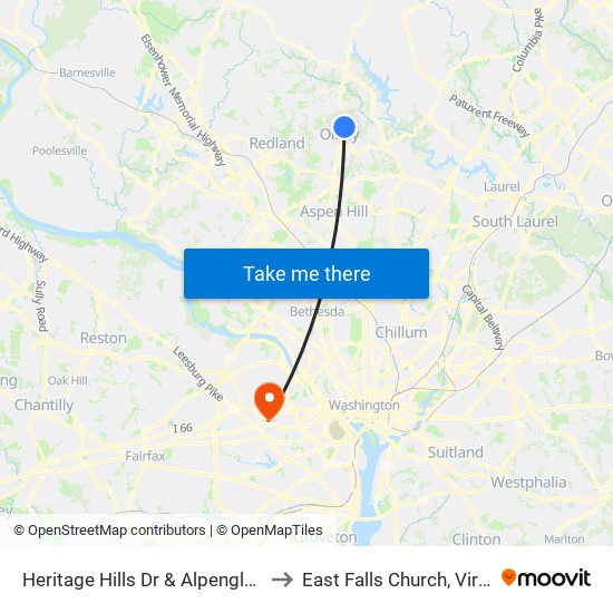 Heritage Hills Dr & Alpenglow Ln to East Falls Church, Virginia map