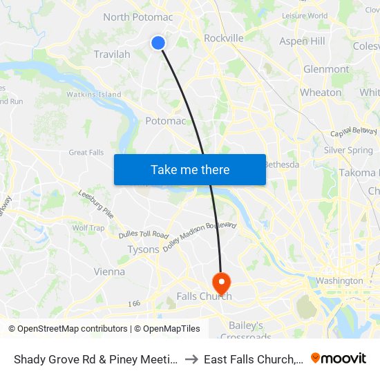 Shady Grove Rd & Piney Meetinghouse Rd to East Falls Church, Virginia map