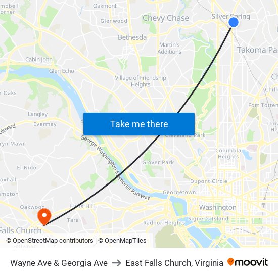 Wayne Ave & Georgia Ave to East Falls Church, Virginia map