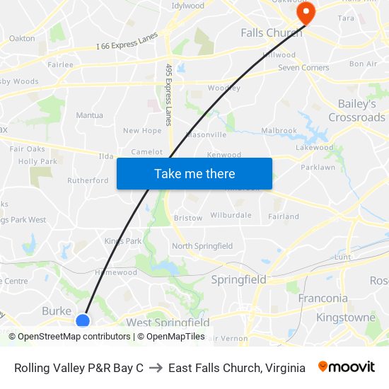 Rolling Valley P&R Bay C to East Falls Church, Virginia map