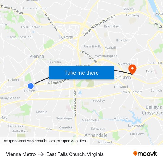 Vienna Metro to East Falls Church, Virginia map