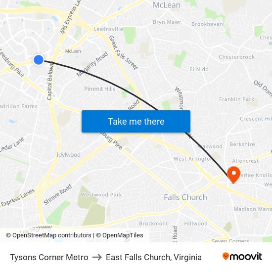 Tysons Corner Metro to East Falls Church, Virginia map