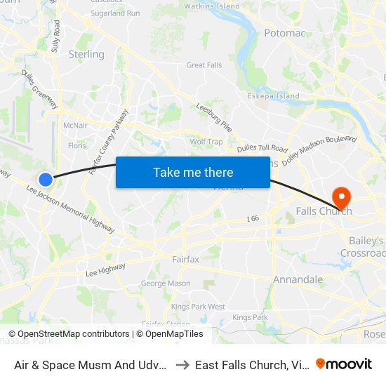 Air & Space Musm And Udvar-Hazy to East Falls Church, Virginia map