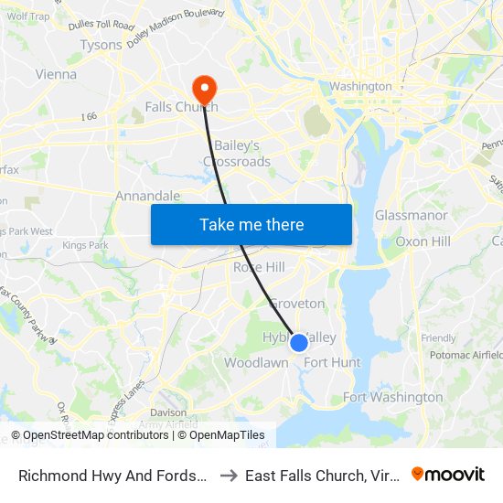 Richmond Hwy And Fordson Rd to East Falls Church, Virginia map