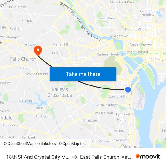 18th St And Crystal City Metro to East Falls Church, Virginia map