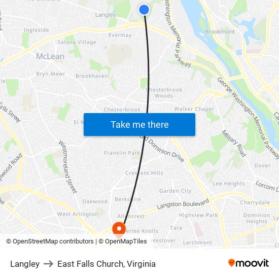 Langley to East Falls Church, Virginia map