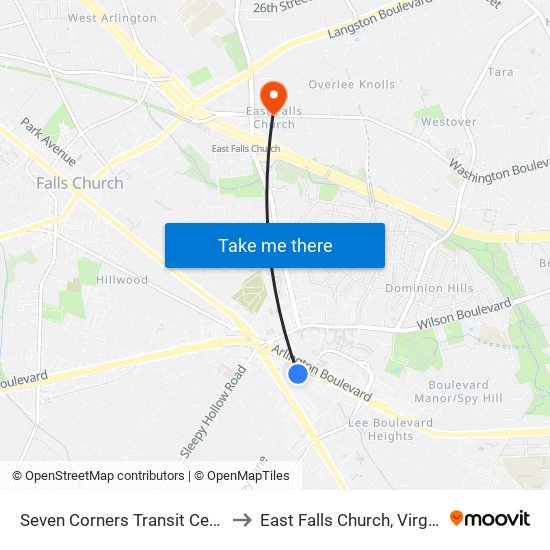 Seven Corners Transit Center to East Falls Church, Virginia map