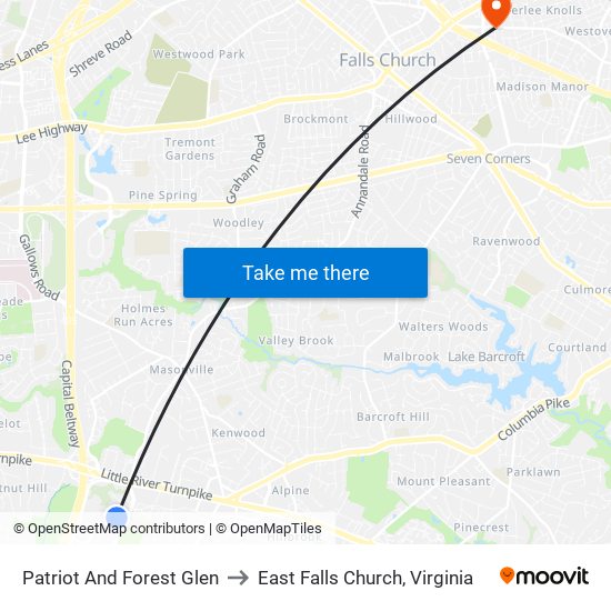 Patriot And Forest Glen to East Falls Church, Virginia map