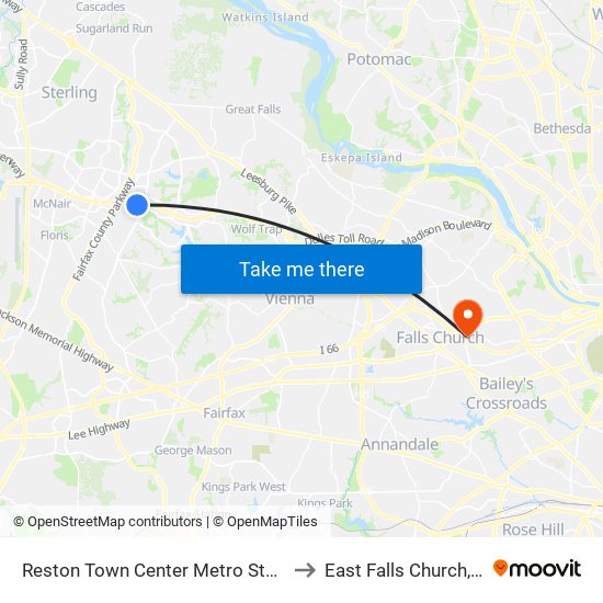 Reston Town Center Metro Station S Bay B to East Falls Church, Virginia map