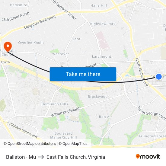 Ballston - Mu to East Falls Church, Virginia map