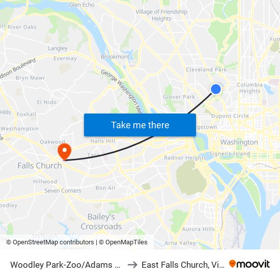 Woodley Park-Zoo/Adams  Morgan to East Falls Church, Virginia map