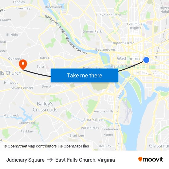 Judiciary Square to East Falls Church, Virginia map