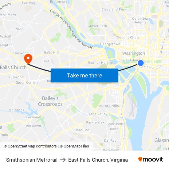 Smithsonian Metrorail to East Falls Church, Virginia map