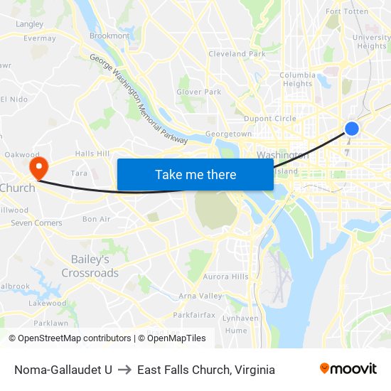 Noma-Gallaudet U to East Falls Church, Virginia map